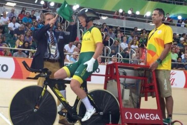 A victorious Sue Powell after winning Silver at the C4 3000m individual pursuit on the Rio Velodrome. Image Australian Paralympic Committee.